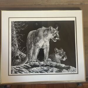 Daniel Toledo Scratchboard Lithograph Mate Of The Wild Mountain Lion Framed Art